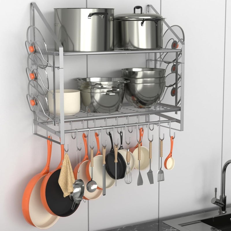 VyGrow 28 Inch Pot Rack Wall Mounted, 2 Tier Pots and Pans Organizer with 20 Hooks and 6 Pot Lid Holders, Heavy Duty Steel Pot and Pan Hanger for Kitchen Cookware Utensils Storage, Silver - Image 1